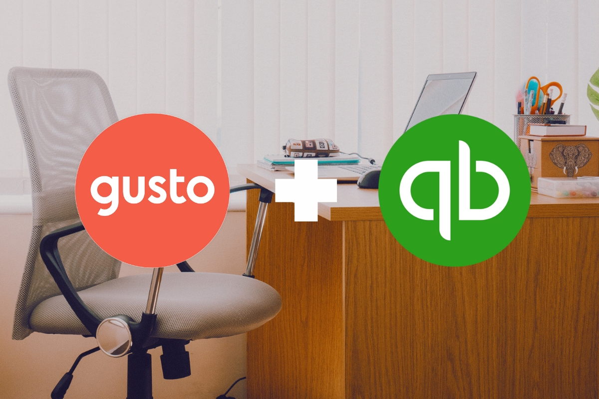 Gusto and Quickbooks logo overlayed an office desk